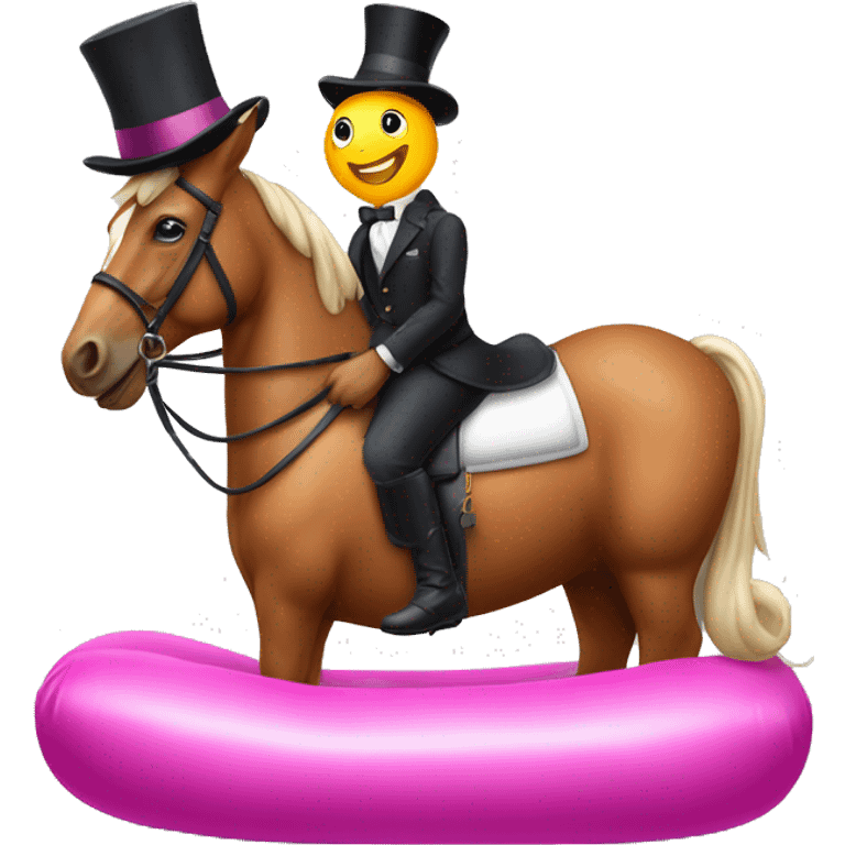 Horse on an inflatable bunny wearing a tophat emoji