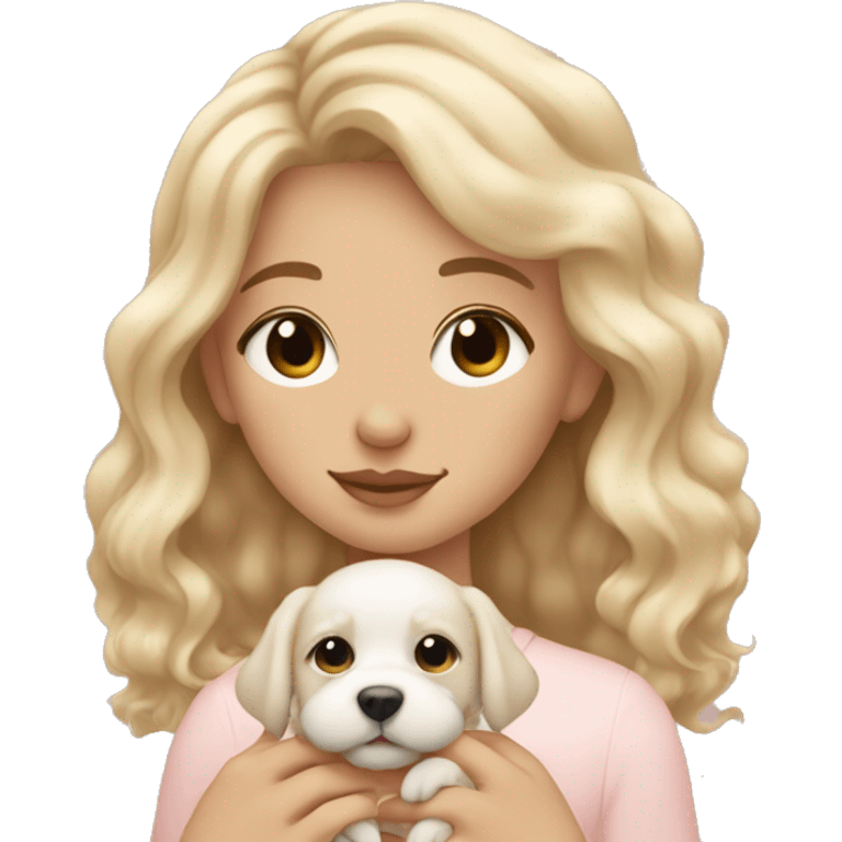 Aesthetic clean girl, white girl, blonde wavy hair holding cute small puppy with eyes closed and double heart emoji emoji