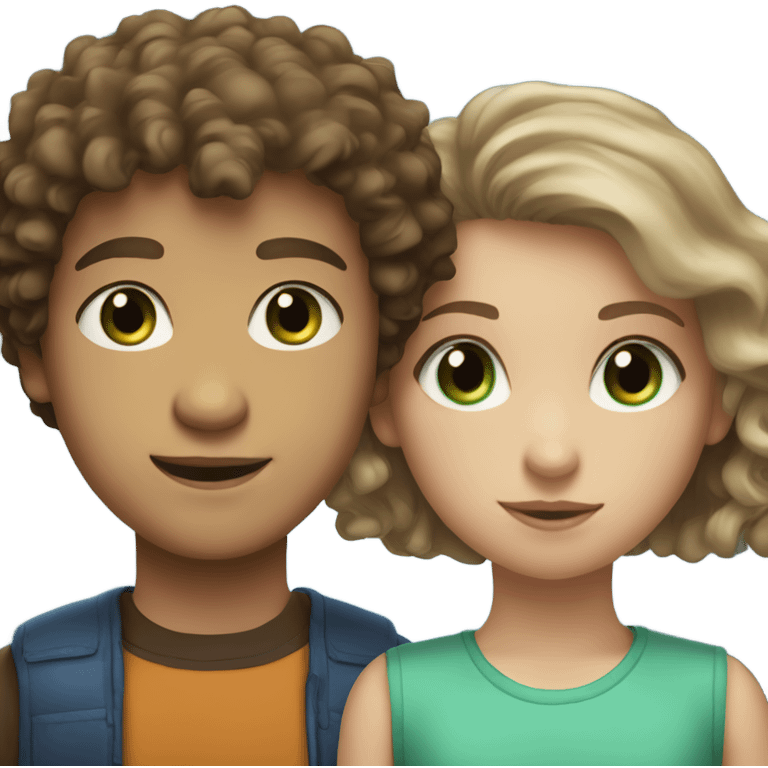 Brother and sister: the brother with dark, curly hair and blue eyes. the sister girl with straight, light hair and green eyes emoji