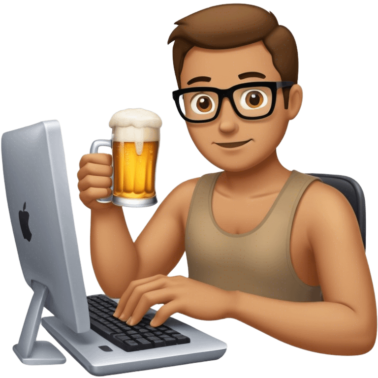 man typin on computer and drinking beer emoji