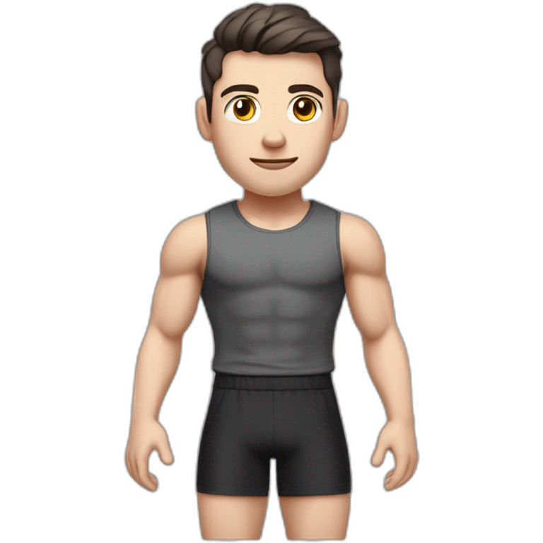 Pale skinned Fit Man With the biceps and dark brown hair in black shirt, gray sports shorts and white Sneakers Touches the back of the head emoji