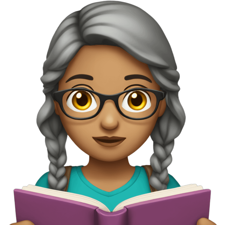 girl reading book, black eyes, Hispanic, grayish hair, wearing classes  emoji