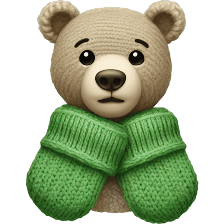 Bear cub with knitted Sage green mittens emoji