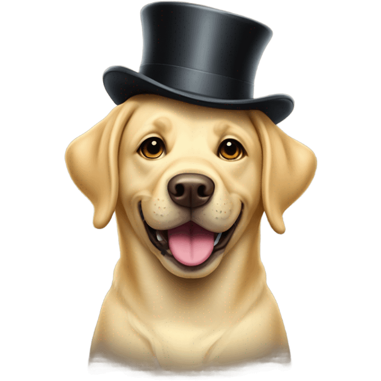 Yellow lab smiling in a top hat and wearing a monocle emoji