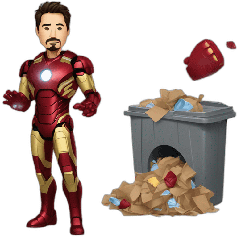 Tony Stark wearing pijama throwing his iron man suit in the garbage emoji