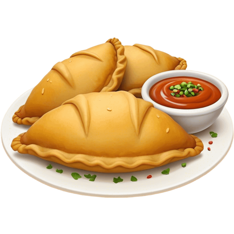 Cinematic Realistic Colombian Cornmeal Empanadas Emoji, showcasing the golden, crispy shell filled with savory meats and spices, served with a side of aji dipping sauce, rendered with vibrant textures and warm, inviting lighting. emoji