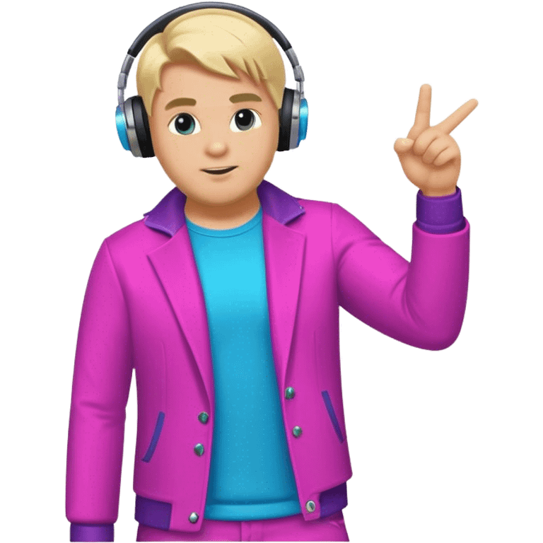 blond big man in colorful dj outfit pointing sideways emoji