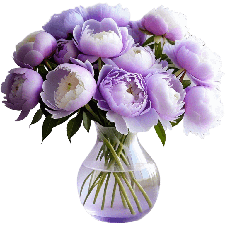 "A bouquet of peonies in soft shades of light purple, lilac, and icy lavender is arranged in a delicate, translucent glass vase with a pale violet tint. The petals, gently layered and slightly ruffled, spill over the edges, creating a sense of fullness. A silky, pastel purple ribbon is tied around the vase, with its ends cascading down in soft folds."
 emoji