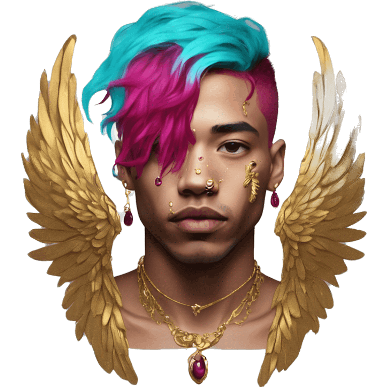 Vintage painting swirls gold jewellery baroque raven wings angel tropical Deep pink maroon burgundy cyan dark hoodie man vitiligo dyed hair gold piercings nose piercing ear piercings emoji