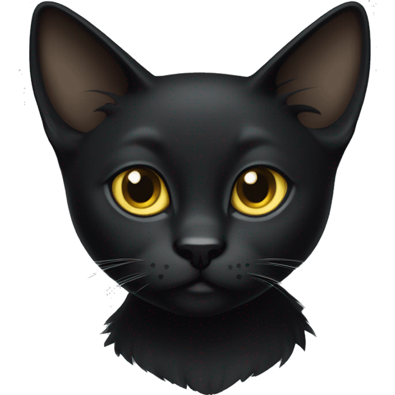 One petite, solid sleek black furred cat. Light yellow eyes. Pointed ear tufts like a lynx cat. Fully body black and no other color markings. Facing forward and standing with ears slightly tilted. emoji