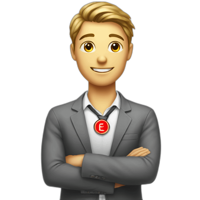 An employee of the real estate agency "Floors" with a red badge around his neck with the inscription etagi emoji