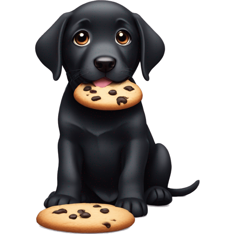 sweet black labrador puppy with big eyes eats a cookie emoji