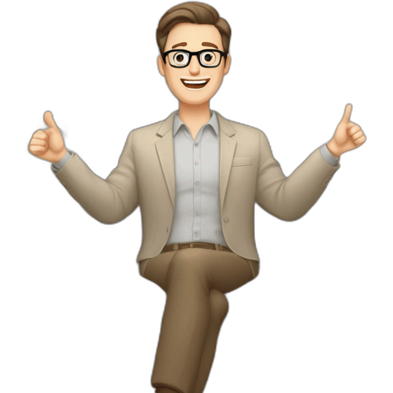 Joyful Celebrating victory Hands up Pale skinned Fit Man With dark brown hair in gray jacket, beige office shirt, Brown pants and vintage glasses sitting In a soft chair emoji