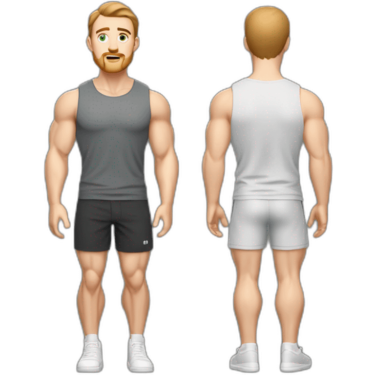 Full height Pale skinned muscular man With Realistic eyes and mouth, light brown hair and stubble In dark gray sleeveless mike, black oversize sports shorts, watch and white sneakers. emoji