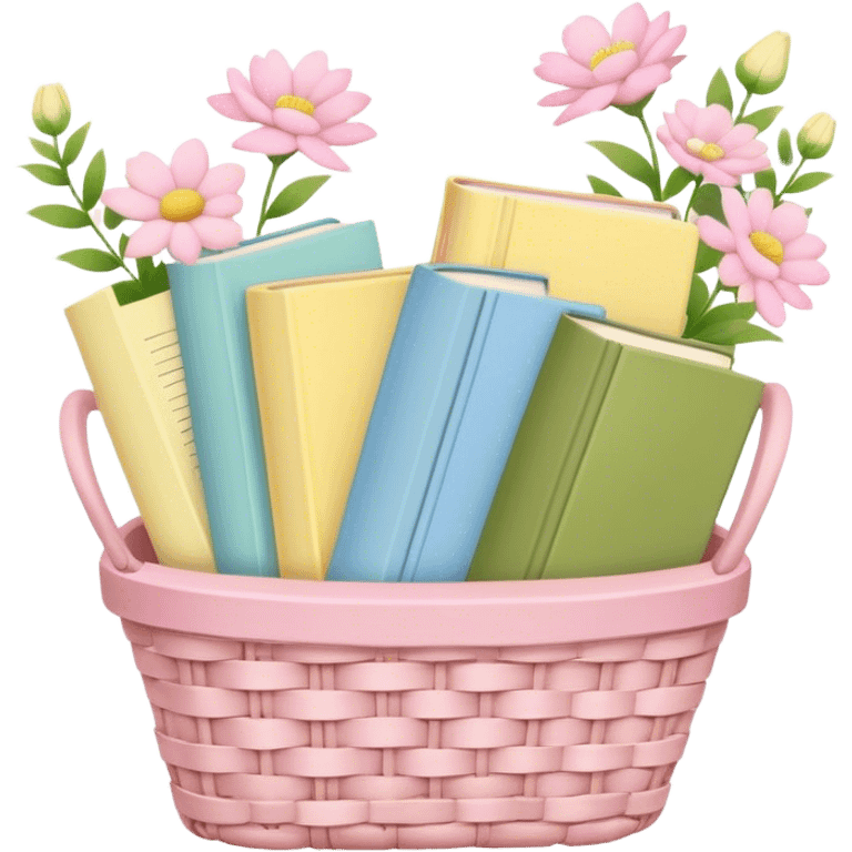 Pastel pink pastel yellow pastel blue and matcha colored books in a basket with flowers emoji