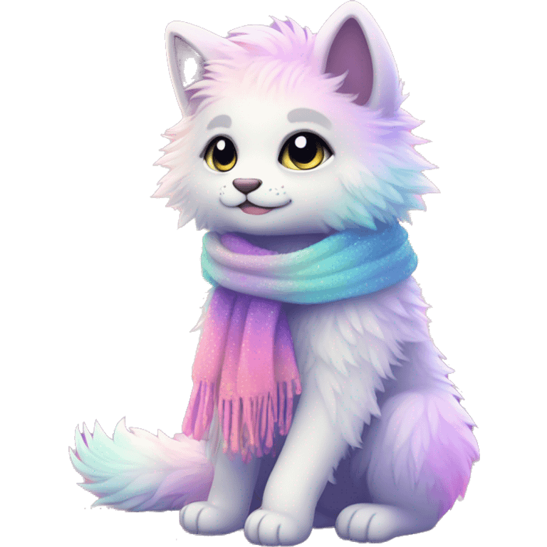 Edgy Kawaii cute gorgeous colorful sparkly bright light pastel gradient fantasy ethereal fluffy fursona animal creature with a cute scarf full body emoji