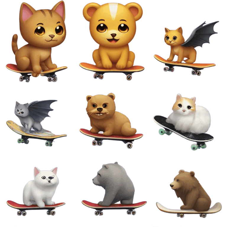 cat on a skate with wings emoji and a bear on that cat, plus add a mountain emoji at the back emoji