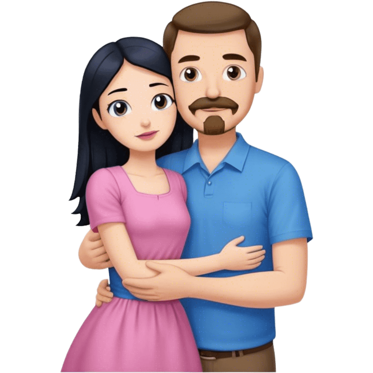 Tall white man with brown mustache goatee wearing blue hugging a short pale woman with long black hair wearing pink emoji