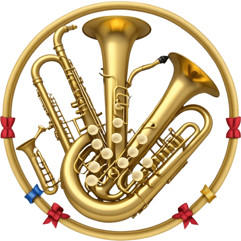 Create a complex, festive, and professional emblem-like emoji representing wind instruments. The design should resemble a heraldic crest, featuring iconic brass and woodwind instruments such as a trumpet, saxophone, clarinet, flute, trombone, and tuba, symmetrically arranged in a balanced composition. A flowing ribbon of musical notes should elegantly weave around the instruments, intertwining with their curves, bells, and mouthpieces, creating a dynamic and harmonious effect. The instruments should have rich metallic tones—gold for brass and silver for woodwinds—with polished highlights and intricate details on the keys and valves. Decorative elements such as elegant scrollwork, laurels, or subtle engravings should enhance the grandeur of the design, making it look celebratory and prestigious. The overall composition should be visually complete, refined, and suitable as a standalone emblem. The background should be transparent. emoji