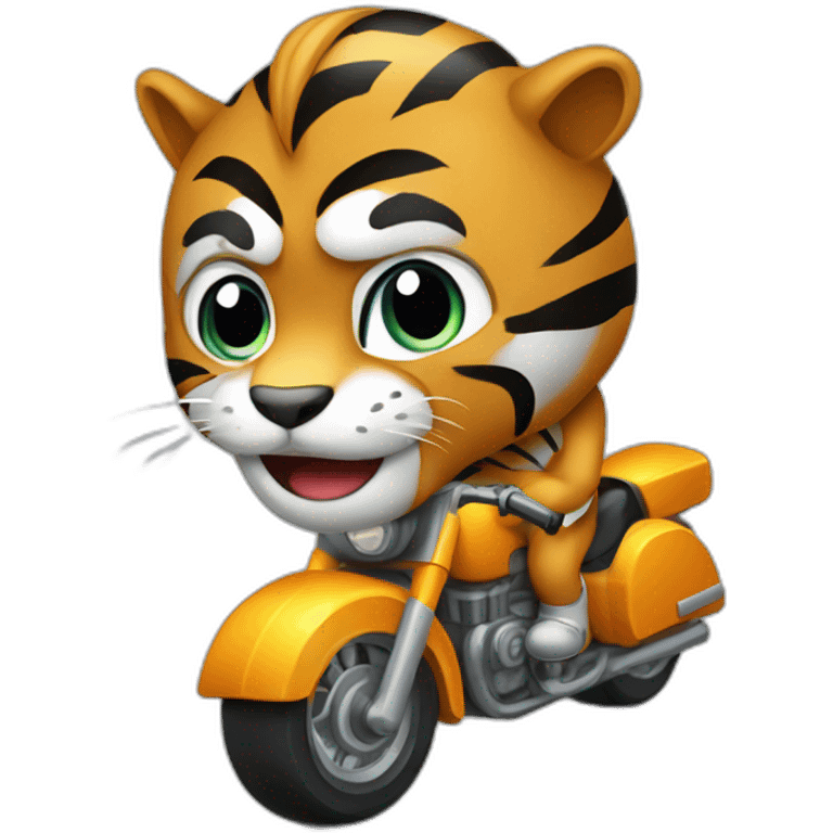 Tigre montando en moto negra de carreras emoji