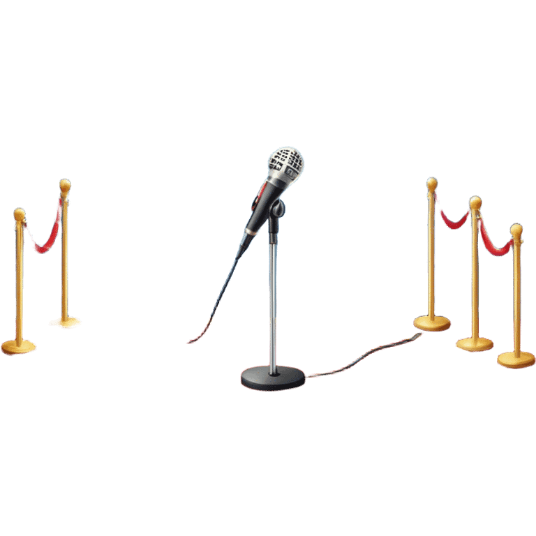 Create a glamorous and vibrant emoji that represents pop or stage vocal performance. The design should feature an empty stage with concert lighting. Include elements like an iconic stage microphone with a sparkling, rhinestone-studded microphone stand, set on a red carpet, a celebratory firework display in the background and a ribbon of musical notes flowing around the scene to symbolize the performance's energy. Use bright colors like gold, red, and silver to emphasize the excitement and glitz of the pop vocal world. The background should be transparent. emoji