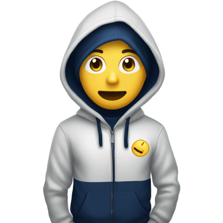 generate me a yellow emoji person wearing a navy blue hoodie emoji