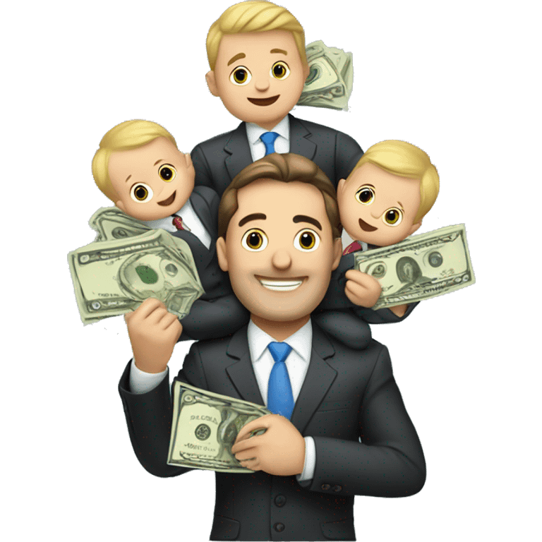 a businessman holding two babies, he's dangling cash over their heads with 2 other arms emoji