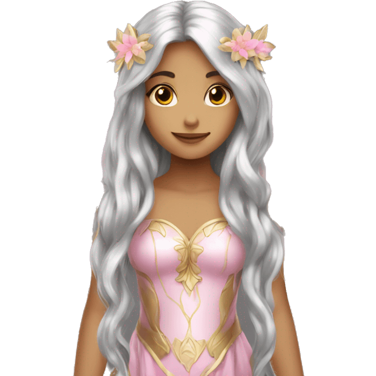 Beautiful, flower, fairy, pink, silver, gold, long hair, big wings emoji