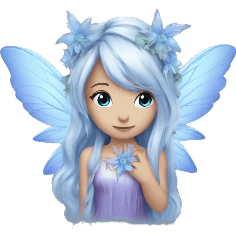 Beautiful, ice, blue flower, fairy, blue, silver, purple, long hair, big wings emoji