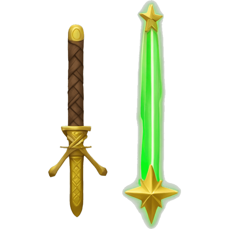 A mix Wood and Golden neon green star by side a Sword emoji