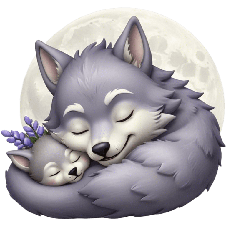 Meme-Worthy Cute Sleeping Werewolf Portrait Emoji, with a cuddly, miniature lupine form in soft moonlit grays and silvers, head resting peacefully with gently closed dreamy eyes and a small, content smile, simplified yet irresistibly endearing, highly detailed with a soft glowing outline that captures the cozy, sleepy essence of a werewolf after frolicking under the full moon! emoji