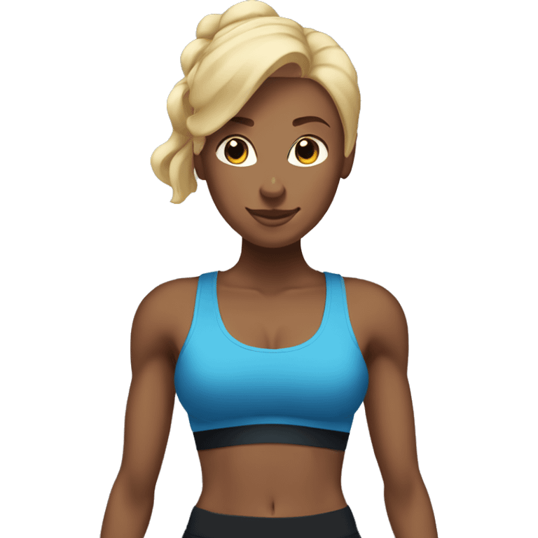 blonde woman working out with a black tank top and a blue shorts holding a dumbbell emoji