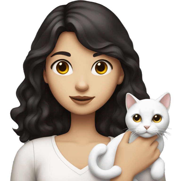 a girl with dark hair and a white cat in her hand emoji