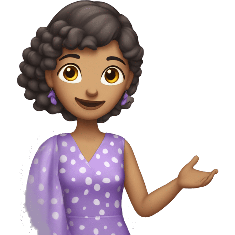 A woman with lavender kurti white spots saying bye emoji