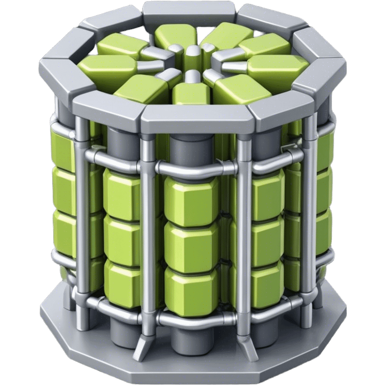 A bundle of uranium fuel rods used in a nuclear reactor, with a metallic structure and cylindrical rods, arranged in a hexagonal grid, futuristic and industrial style emoji