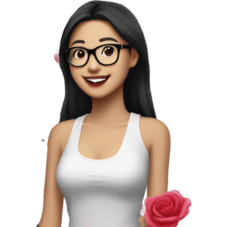 Asian girl, smiling with teeth, fair skin, black long hair, black eyes, black glasses with gold frames, red lipstick, wearing a white lace tank top and a black office jacket on top, with pink and red roses around her emoji