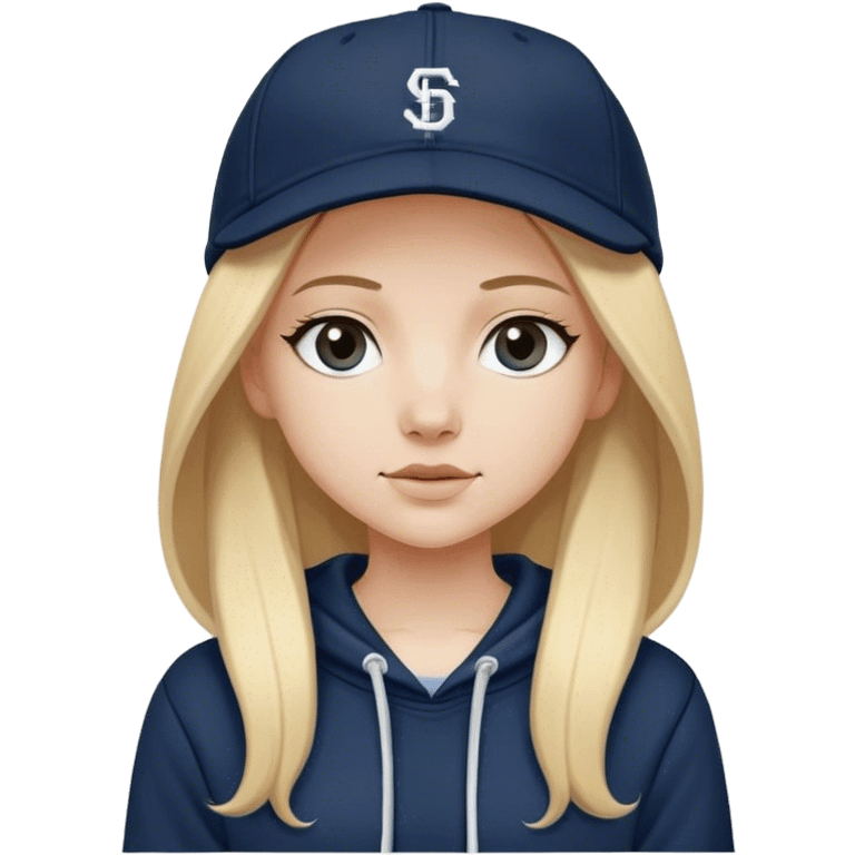 White girl with long straight blonde hair with a middle part wearing a black baggy hoodie with a navy blue baseball cap on emoji