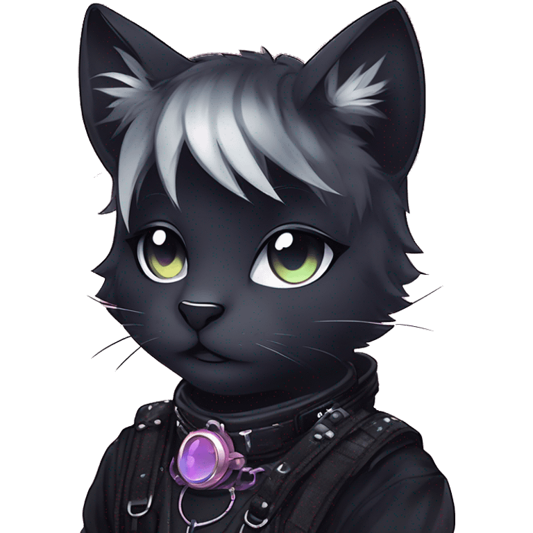 Gorgeous sparkly legendary gradient gothic dark techwear anime style anthro cat with blushing face aesthetic and pretty edgy black with collar and harness trending style emoji