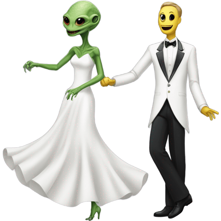  a Reptilian alien woman, in white dress, dance with a human man in frack emoji