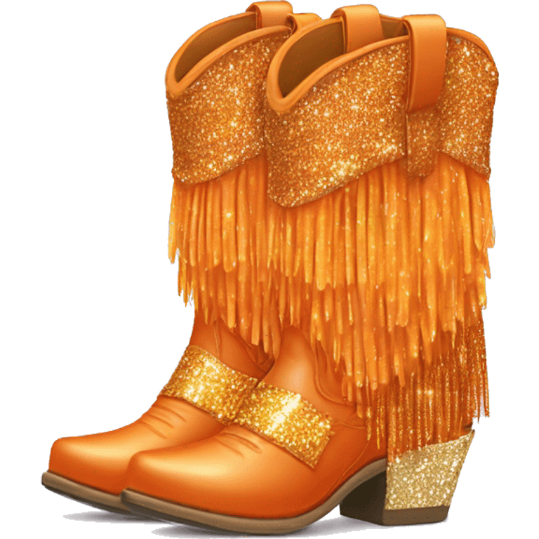 Realistic orange pair of fashion cowgirl boots with sparkly shiny glitter fringe on them. emoji