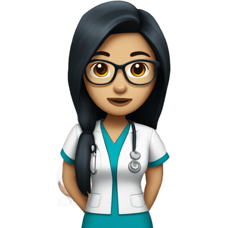 filipina nurse with long straight black hair and tan skin and clear glasses in scrubs emoji