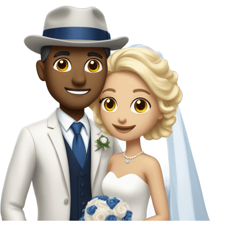 Puerto rican beard short hair with blue hat and navy blue suit getting Married with blond long hair girl with white  wedding dress  emoji