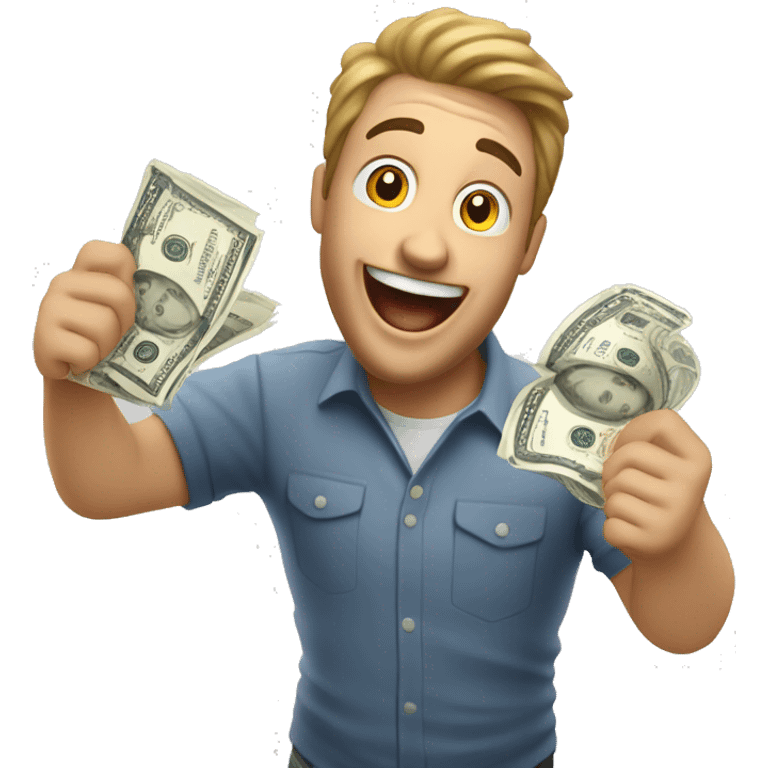 excited, happy man holding out a bill of money in his hand emoji