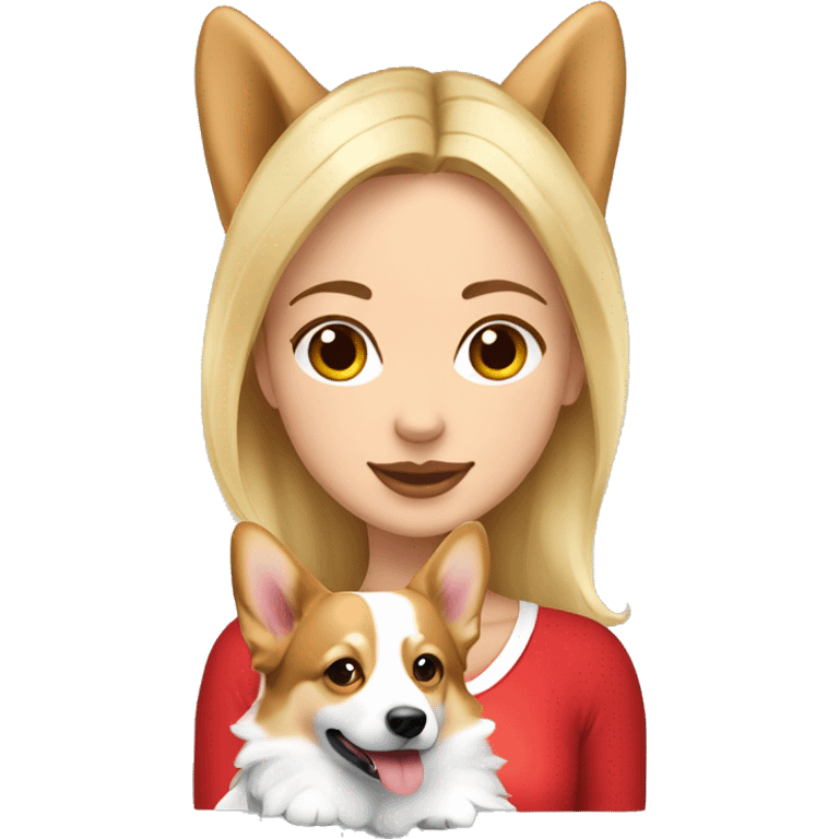 Beautiful blonde with a square hugs Welsh corgi Pembroke tricolor emoji