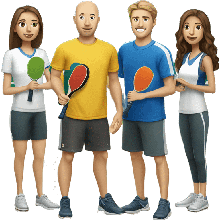 4 Caucasian people playing pickleball with 1 tall bald male, 1 shorter brown hair male, 1 girl with long brown hair, 1 girl  with brown hair emoji