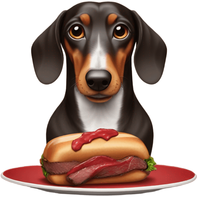 Dachshund eating a filet mignon emoji