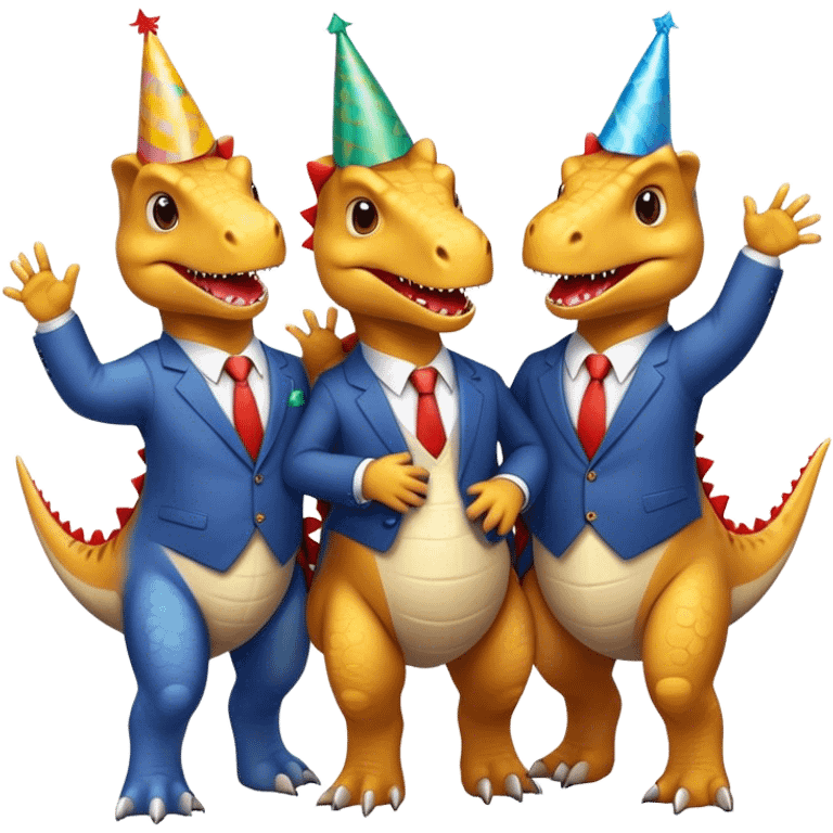 three office dinosaurs in office suits celebrating birthday emoji