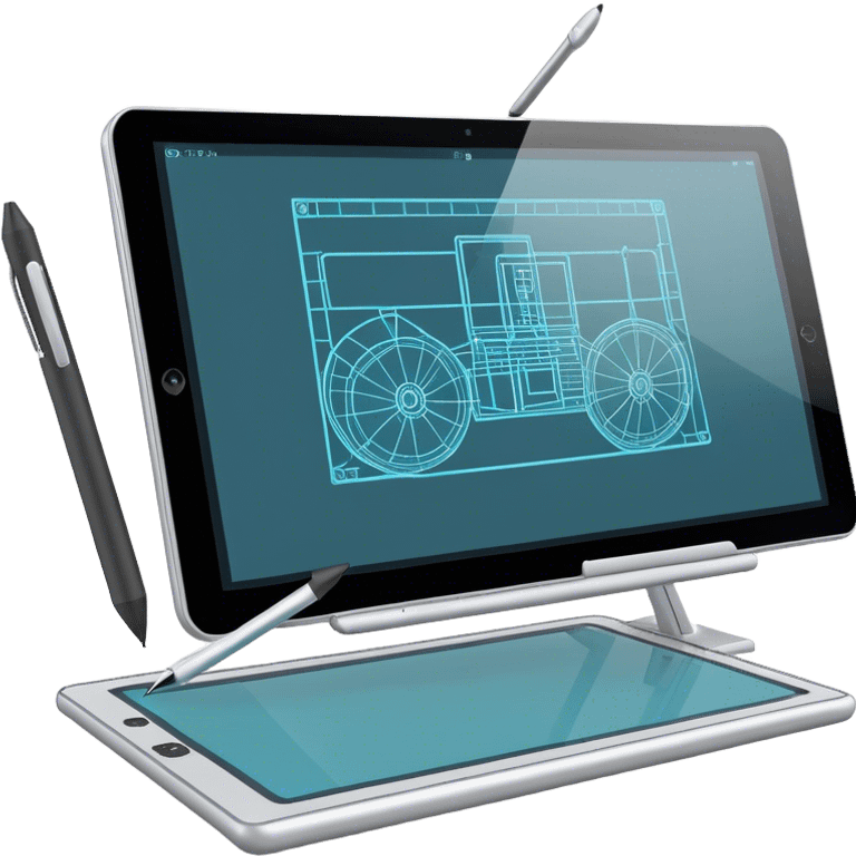 Create an emoji for 3D visualization and modeling. Show a large graphic tablet with a stylus drawing in a 3D modeling program, displaying a wireframe model that pops out from the screen. Use modern, professional colors. Do not include any emojis or smiley faces. Make the background transparent. emoji