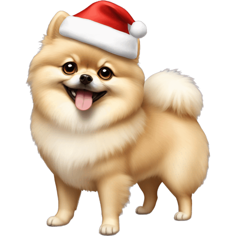 Cream Pomeranian with Christmas hat full body emoji