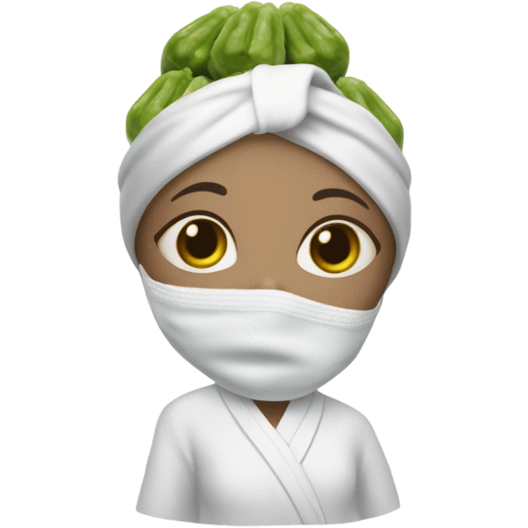 Light skinned girl wearing a white bath robe and white head towel upper half face mask in with pickles on eyes emoji